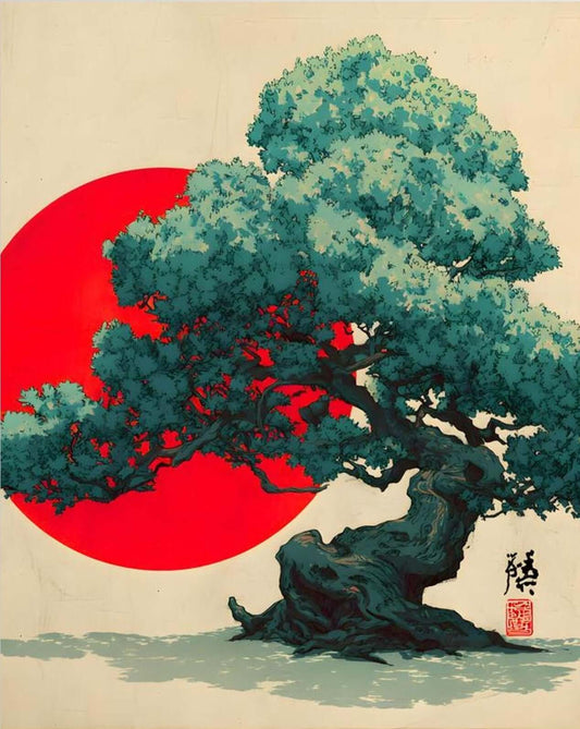 Japanese Red Sun Tree Art | Teal Bonsai Ukiyo-e Style Illustration