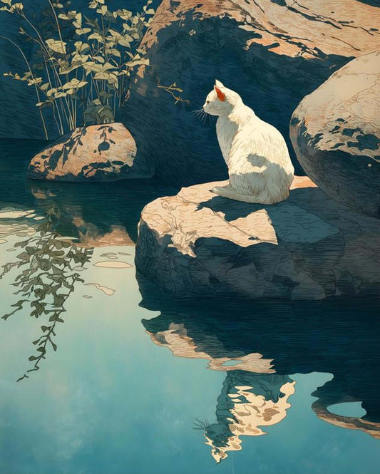 Japanese Cat Art | White Cat Pond Reflection Ukiyo-e Print