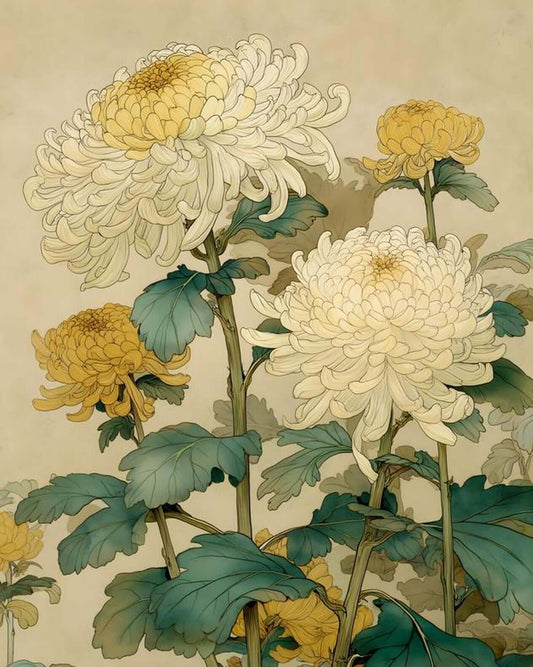 Japanese Chrysanthemum Art | Botanical Floral Ukiyo-e Print