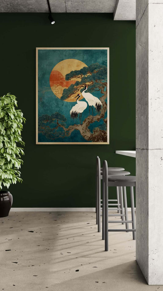 Japanese crane wall art print-Twin Cranes at Dusk