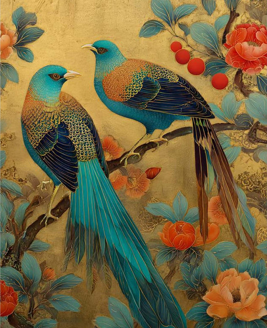 Chinese Bird Flower Painting | Magpies Peonies Gold Leaf Art