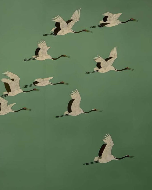 Japanese Cranes Art | Flock Flying Green Ukiyo-e Print