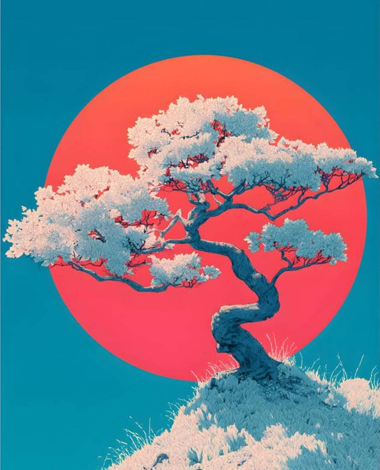 Japanese Cherry Blossom Tree Art | Red Sun Teal Background Illustration