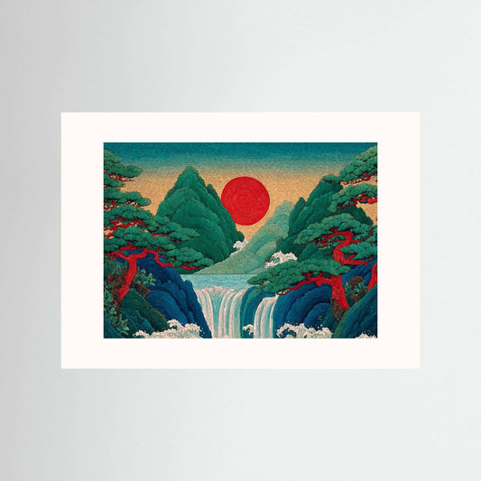 Crimson Sun Falls — Japanese Waterfall Landscape Wall Art