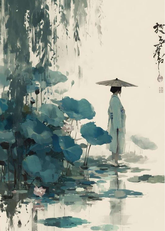 zen ink figure art-Stillness by the Lotus Pond