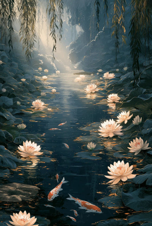 Koi Fish & Lotus Pond Wall Art – Japanese Zen Garden Print