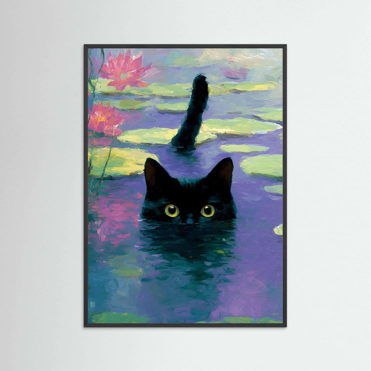 Moonlit Lotus Watcher — Black Cat Pond Wall Art