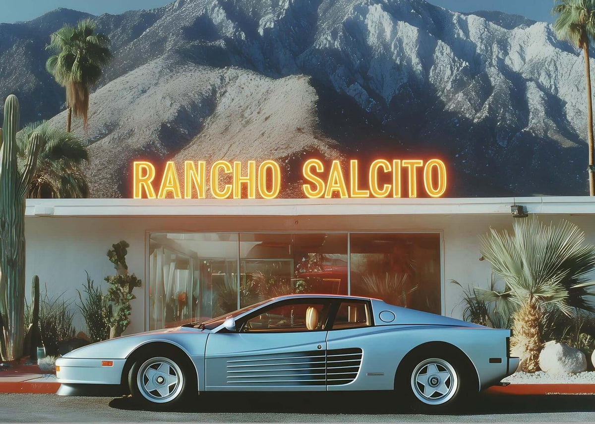 Rancho Salcito Nights Wall Art – Retro Supercar Desert Motel Canvas Print