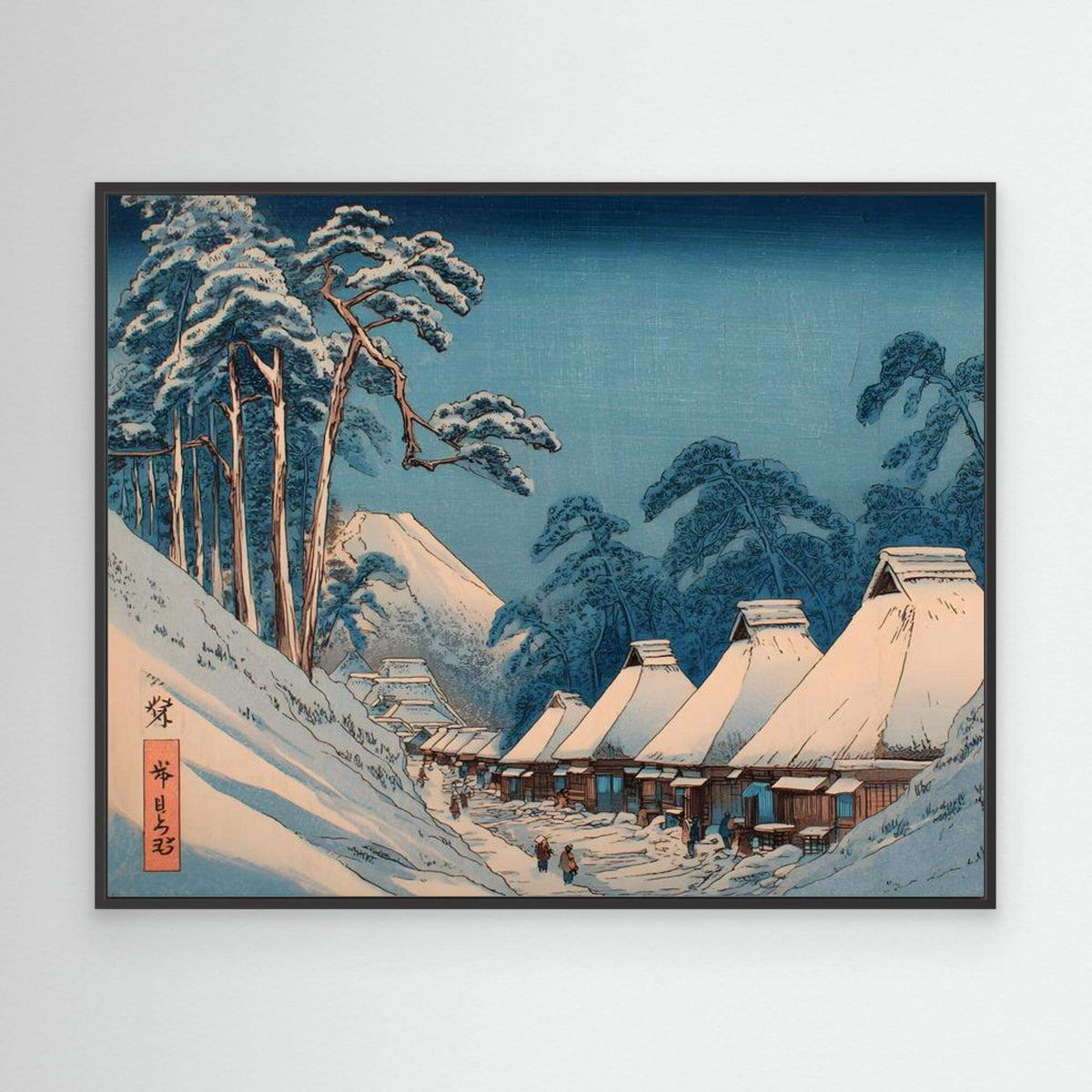 Japanese Winter Village Ukiyo-e | Snow Pine Trees Woodblock Print Art