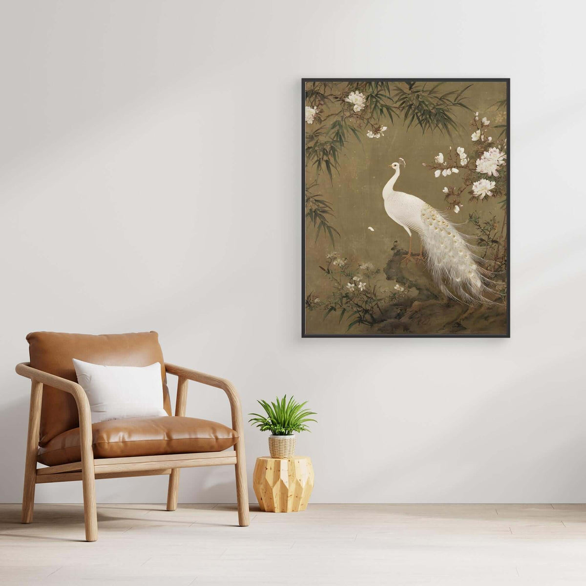 Chinese White Peacock Painting | Peonies Bamboo Gold Detail Art