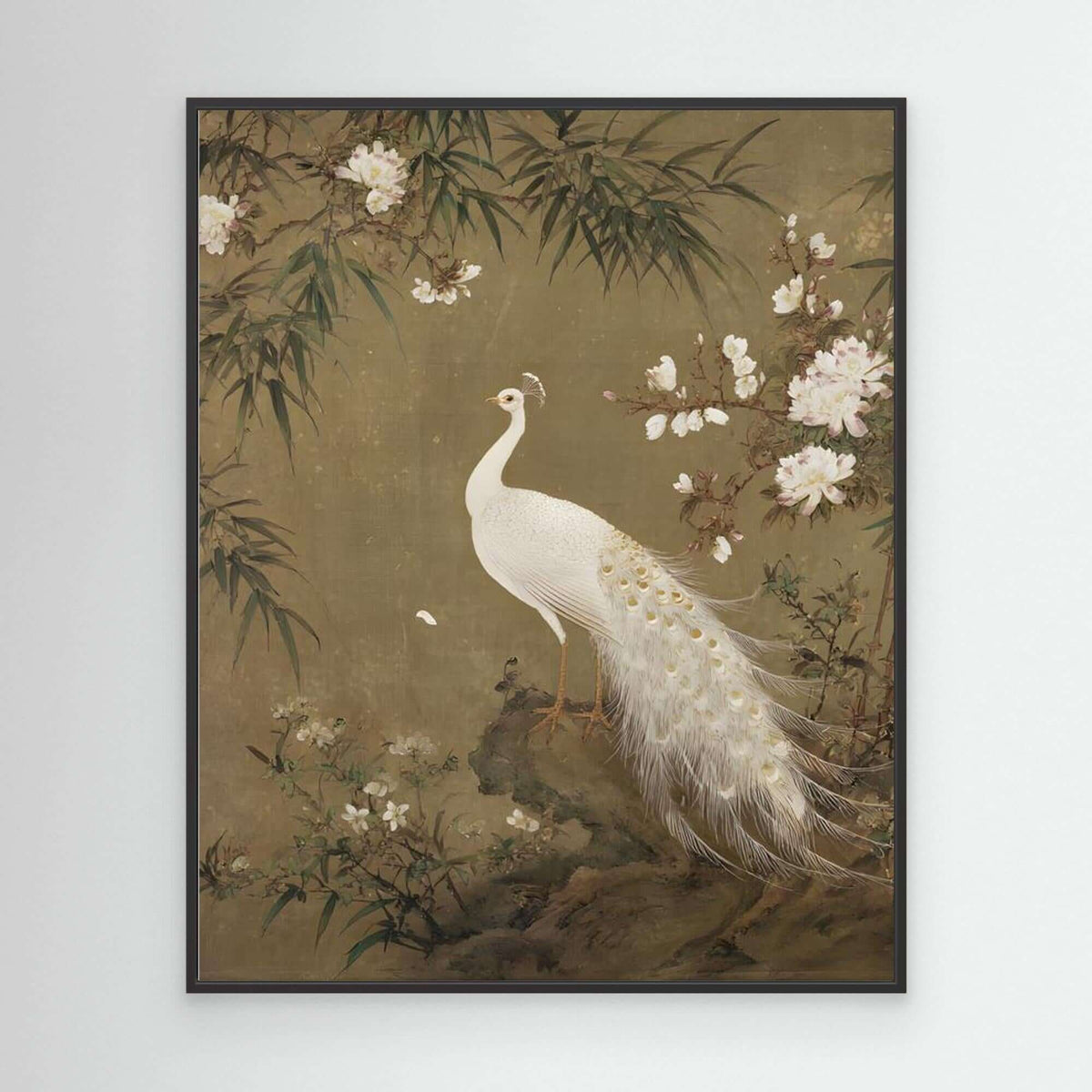 Chinese White Peacock Painting | Peonies Bamboo Gold Detail Art