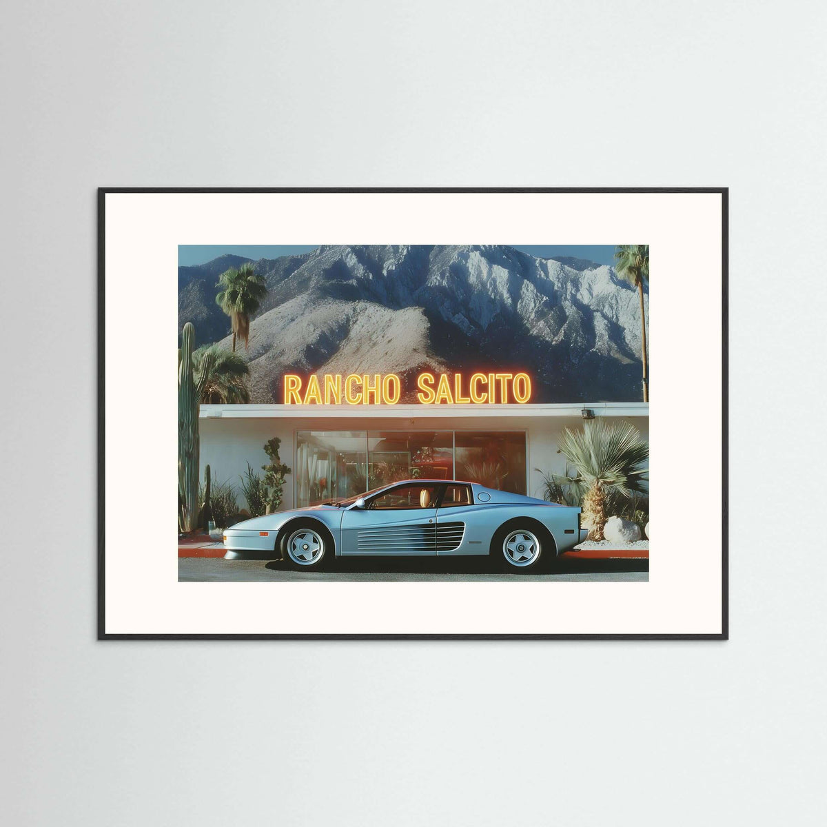 Rancho Salcito Nights Wall Art – Retro Supercar Desert Motel Canvas Print