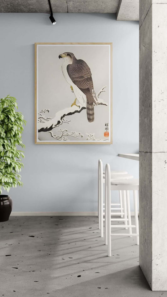 Silent Vigil — Japanese Falcon Ink Wall Art
