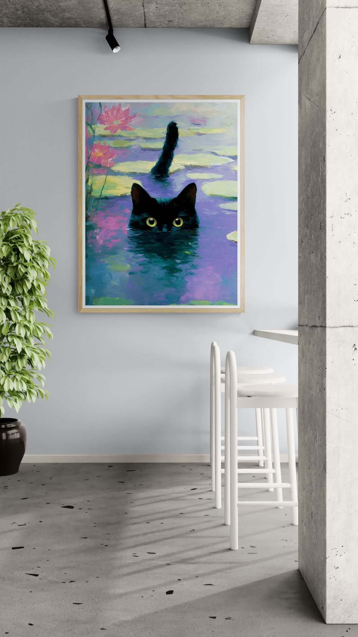 Moonlit Lotus Watcher — Black Cat Pond Wall Art