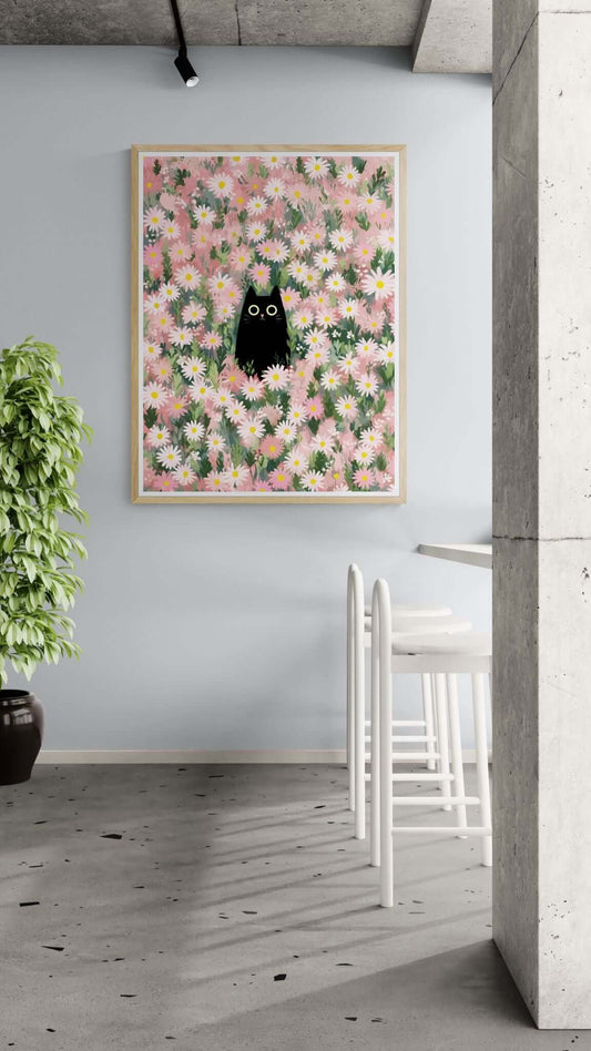 Midnight Cat in Bloom — Whimsical Floral Cat Wall Art