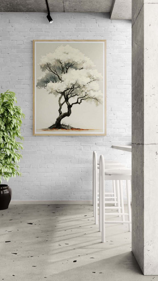 White Blossom Silence — Minimalist Zen Tree Wall Art Print