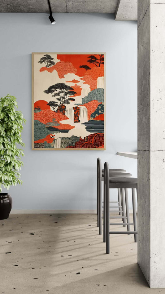 Japanese waterfall canvas art-Crimson Falls 