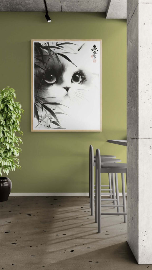 Japanese Ink Cat Wall Art – Minimalist Black and White Cat Print