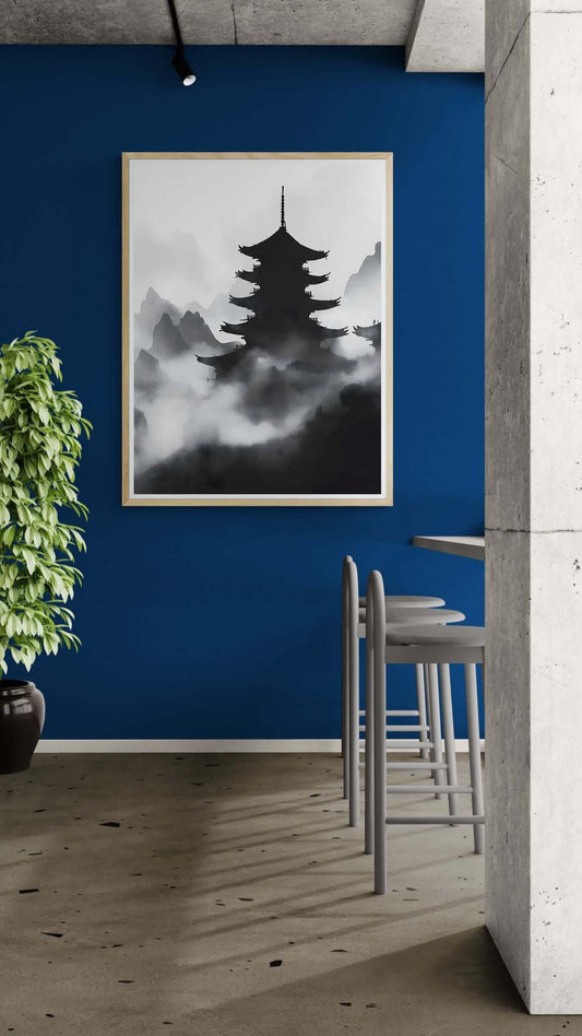 Misty Pagoda Wall Art – Japanese Ink Landscape Print for Minimalist Interiors