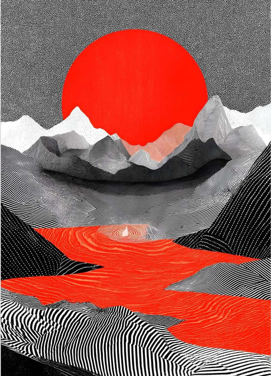 Abstract Japanese Landscape Wall Art – Red Sun Minimalist Mountain Print