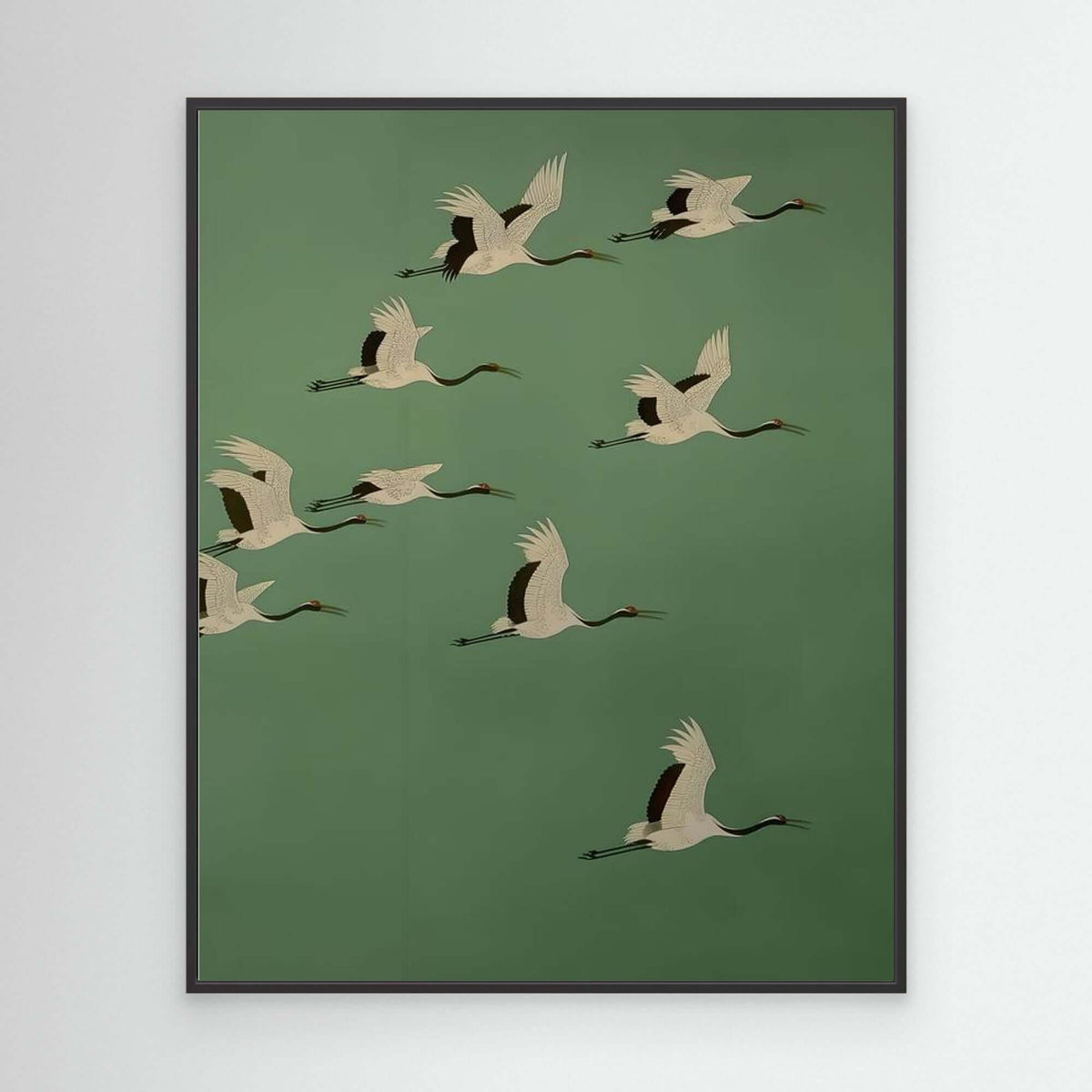 Japanese Cranes Art | Flock Flying Green Ukiyo-e Print