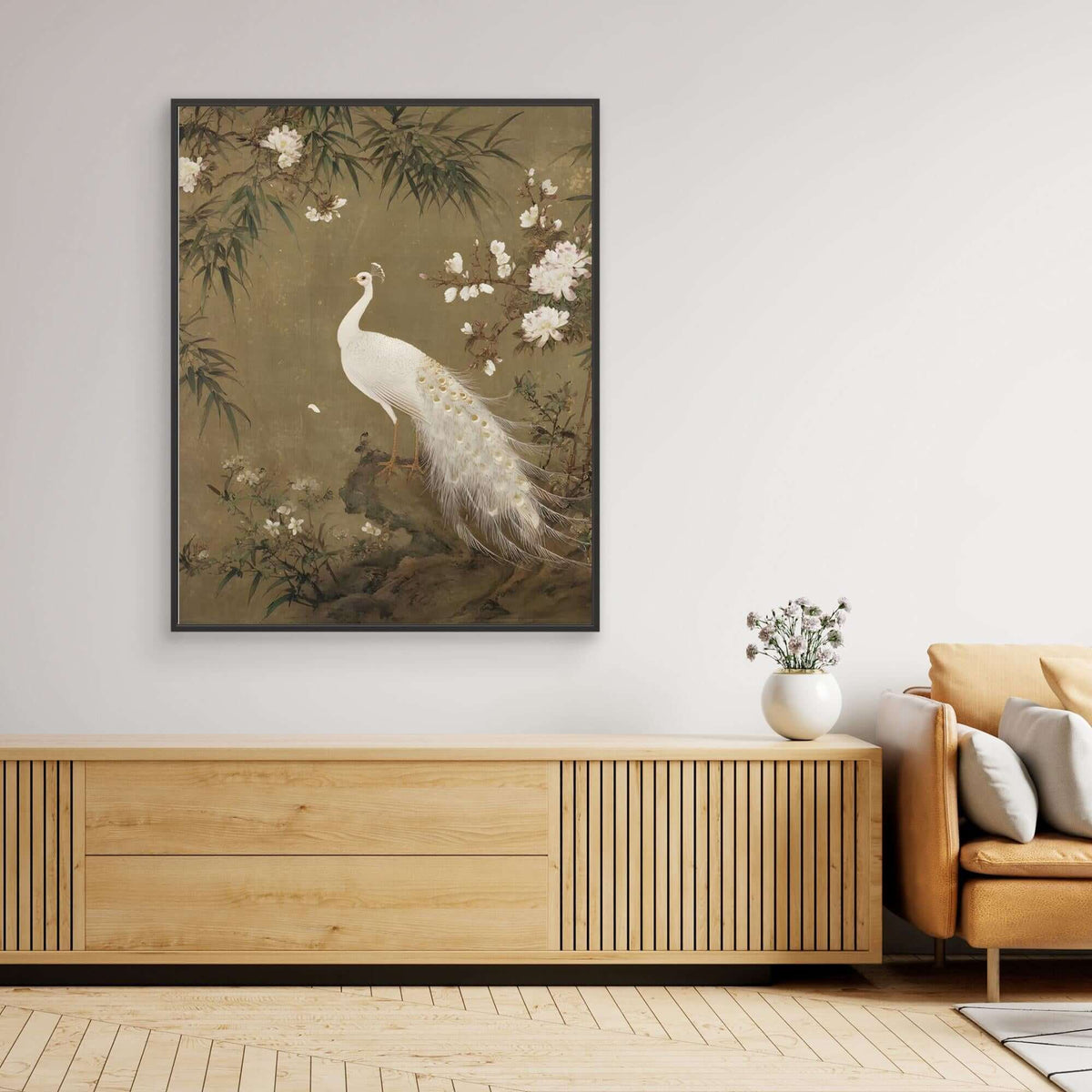 Chinese White Peacock Painting | Peonies Bamboo Gold Detail Art