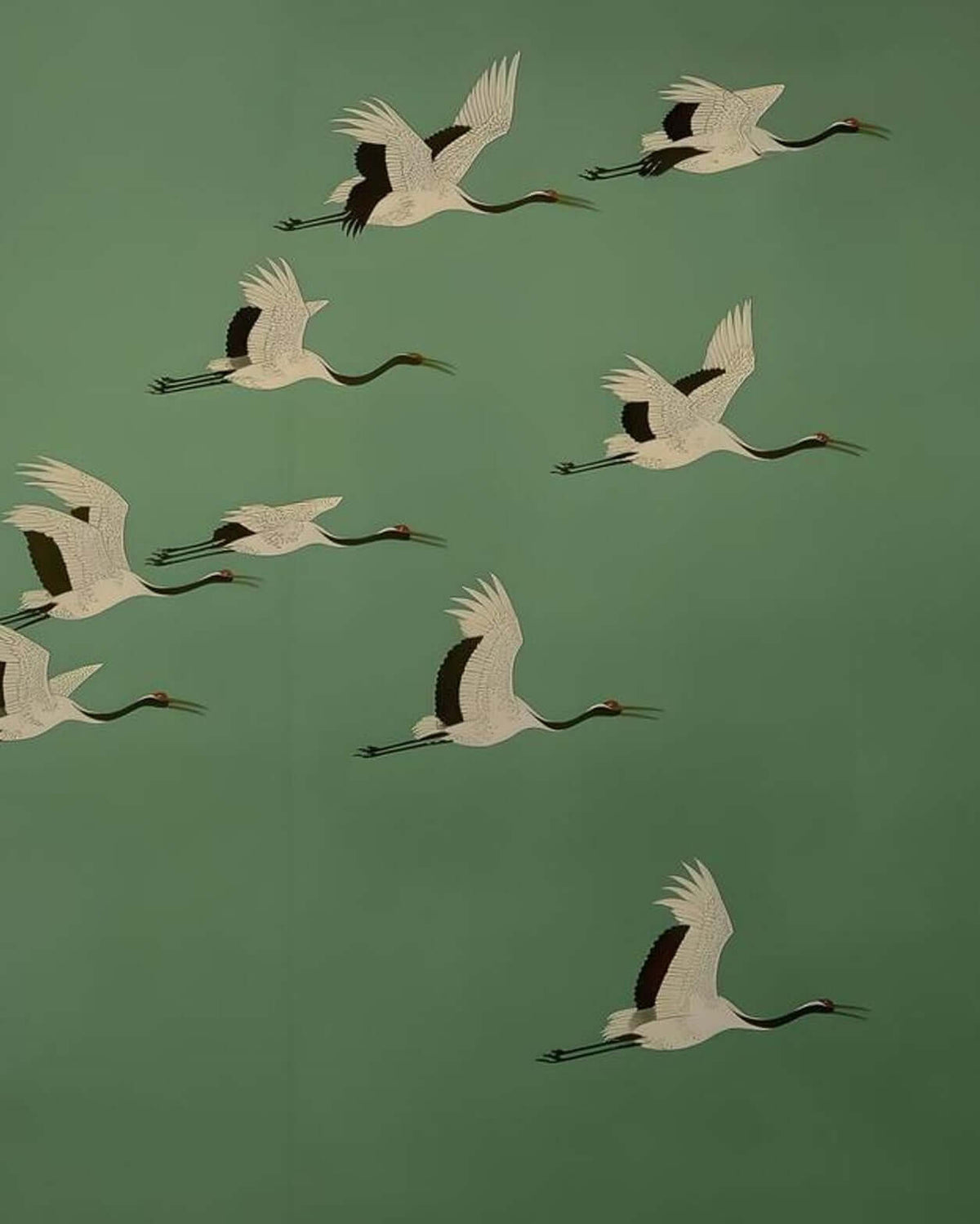 Japanese Cranes Art | Flock Flying Green Ukiyo-e Print