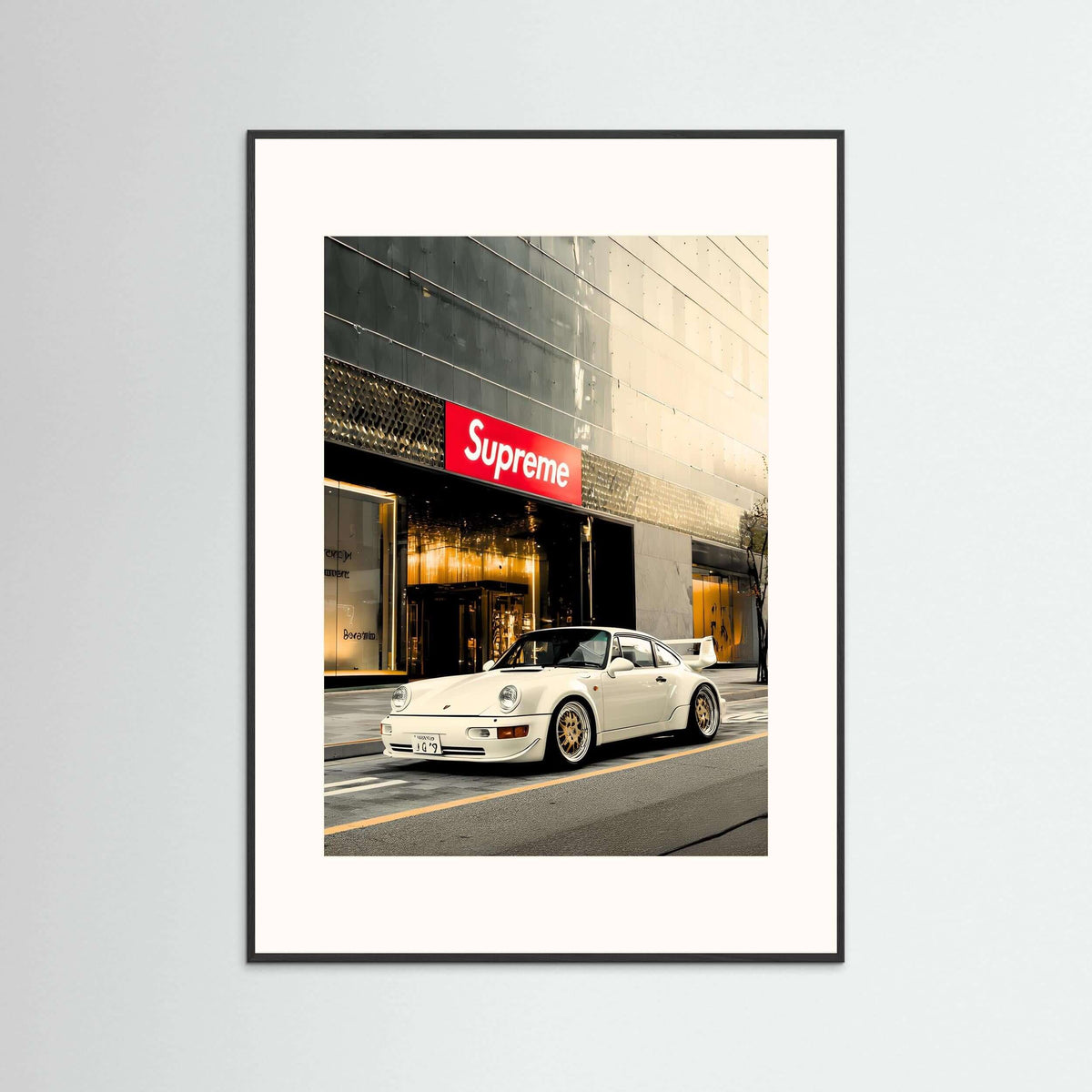 White Porsche Street Art Print – Luxury Urban Automotive Wall Art
