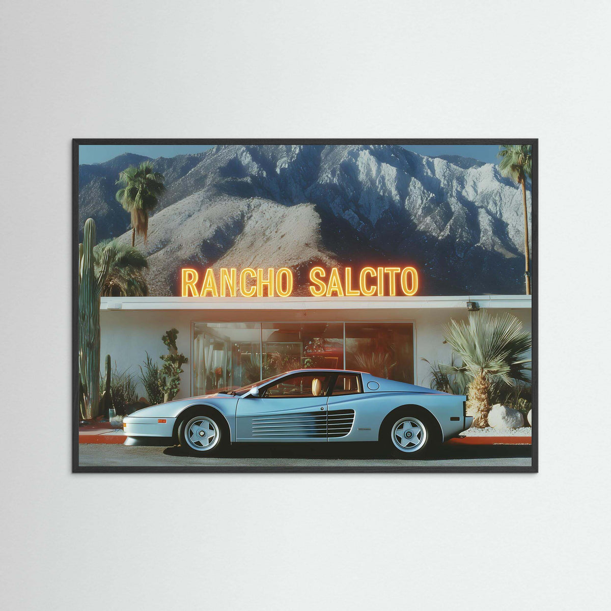 Rancho Salcito Nights Wall Art – Retro Supercar Desert Motel Canvas Print