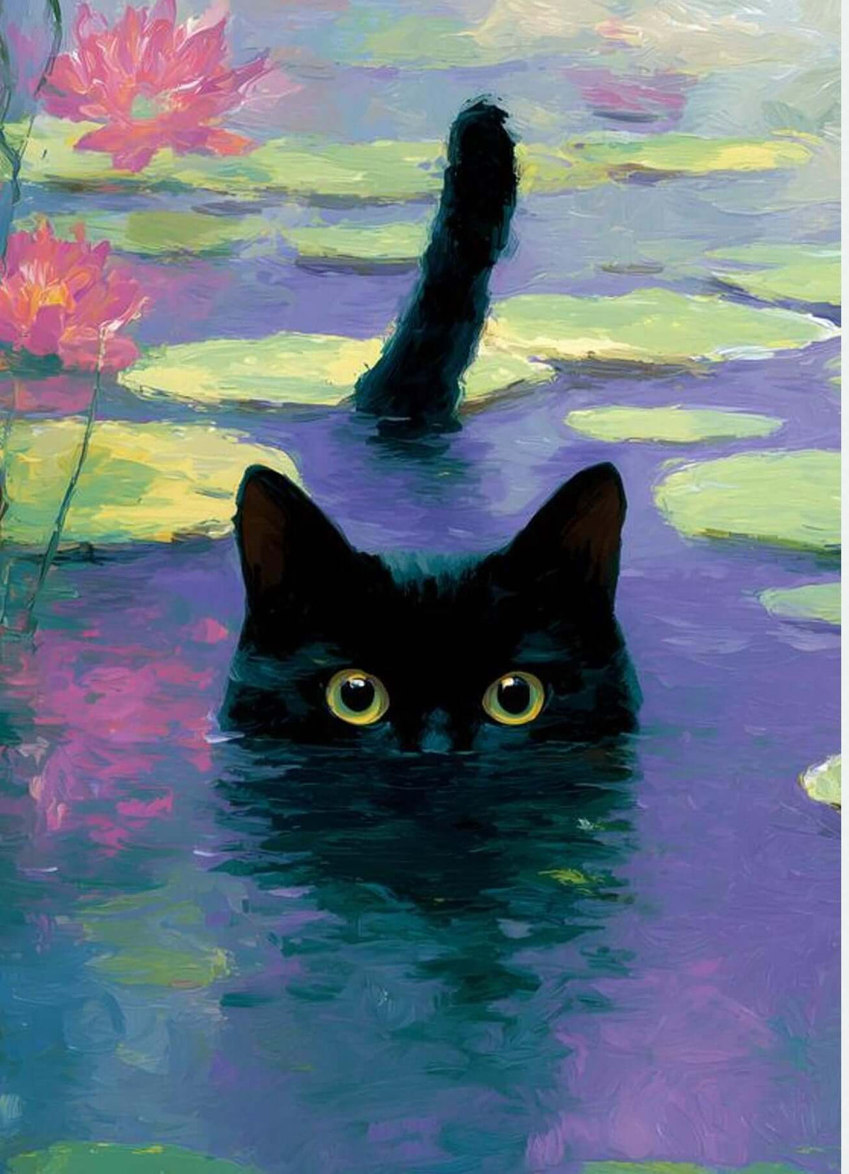 Moonlit Lotus Watcher — Black Cat Pond Wall Art