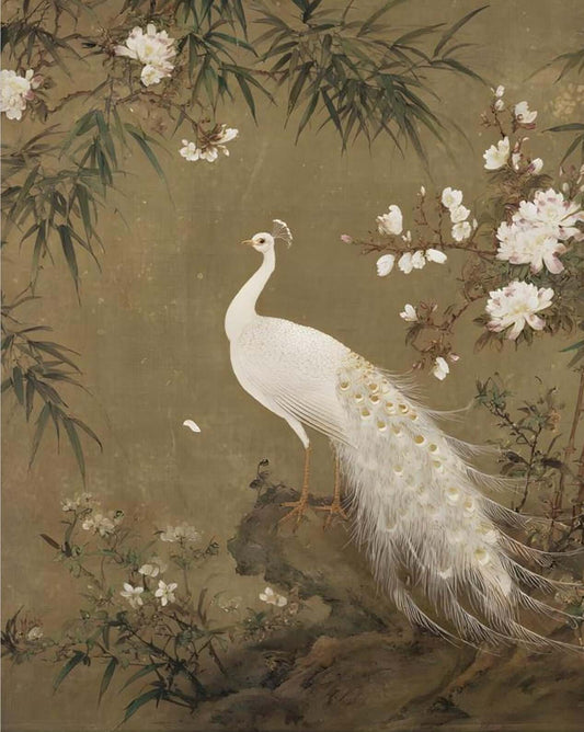 Chinese White Peacock Painting | Peonies Bamboo Gold Detail Art