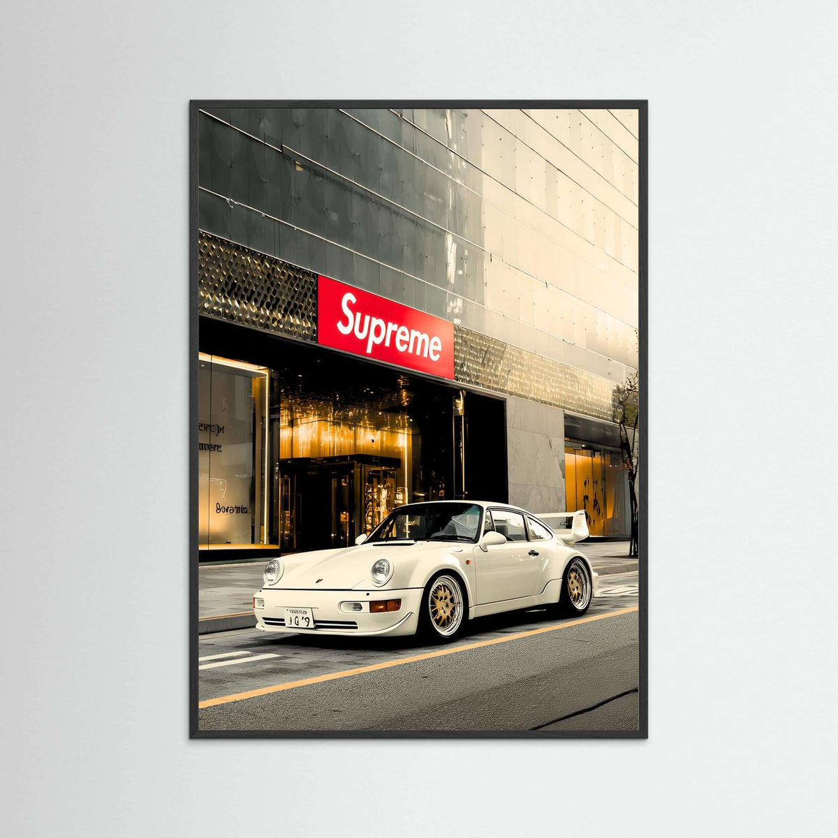 White Porsche Street Art Print – Luxury Urban Automotive Wall Art