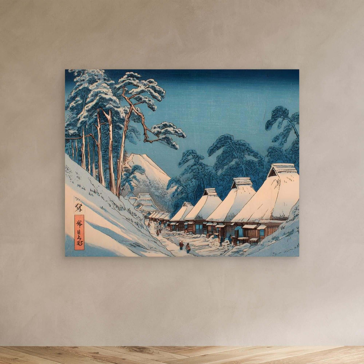 Japanese Winter Village Ukiyo-e | Snow Pine Trees Woodblock Print Art