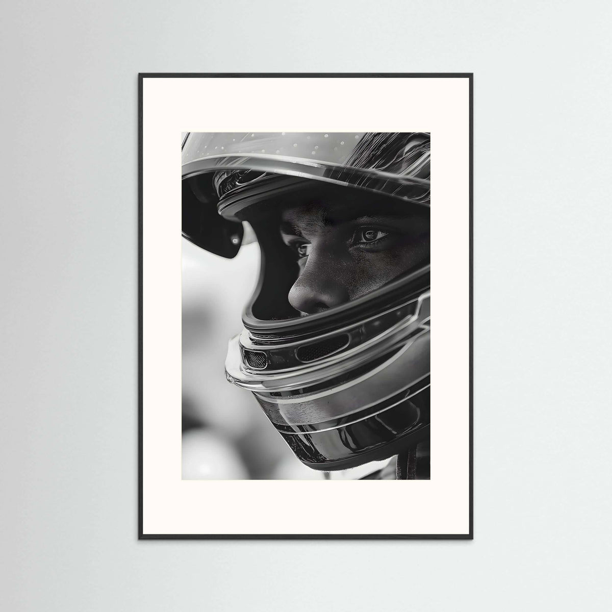 Racing Helmet Portrait Wall Print – Modern Black & White Motorsport Artwork