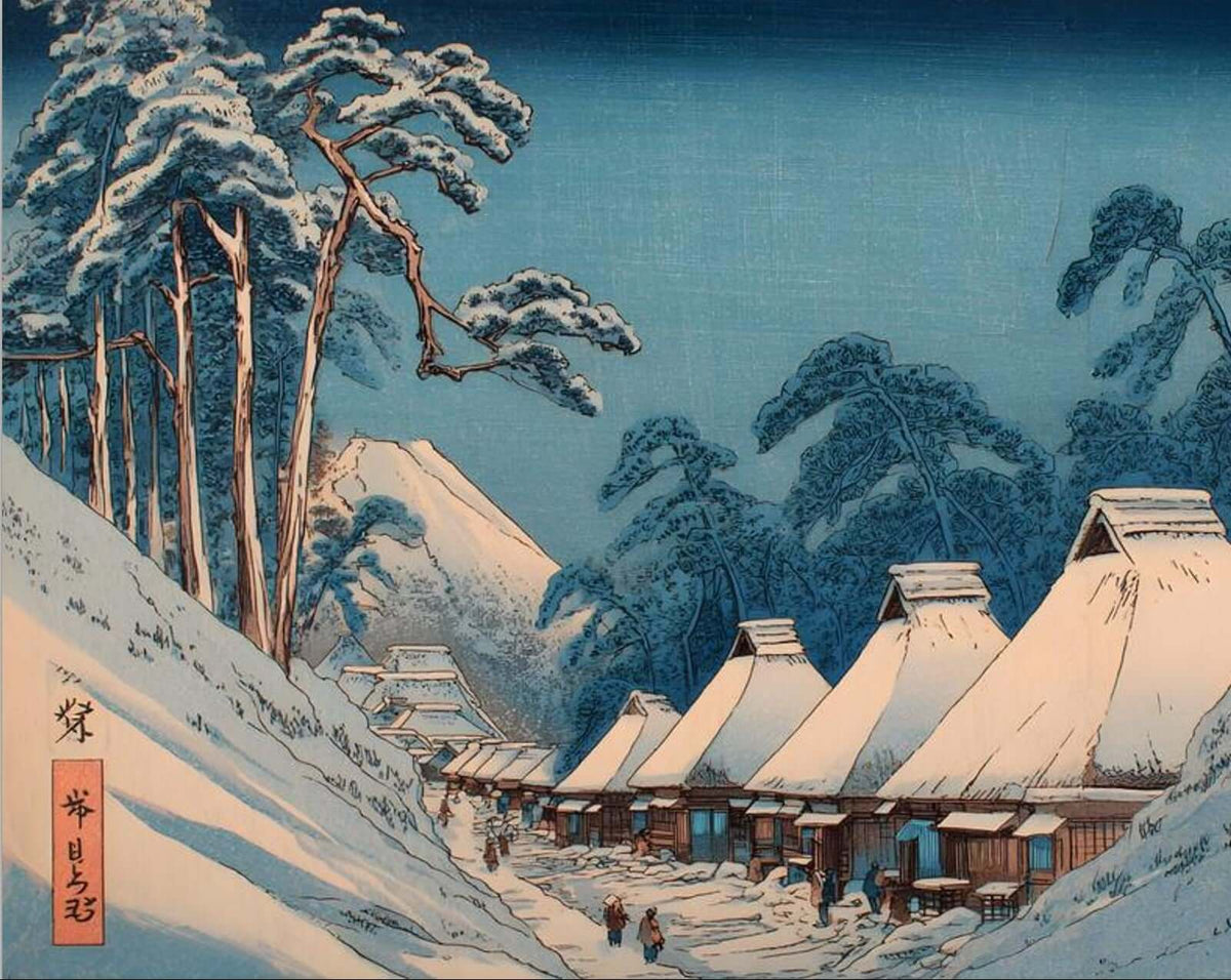 Japanese Winter Village Ukiyo-e | Snow Pine Trees Woodblock Print Art