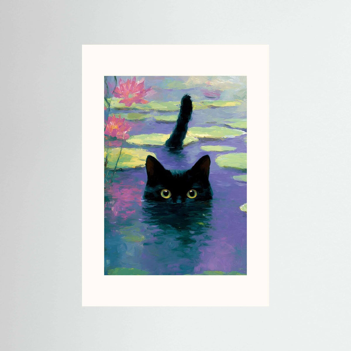 Moonlit Lotus Watcher — Black Cat Pond Wall Art