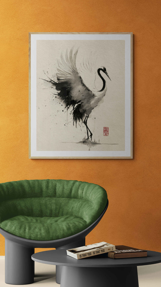 Grace in Motion – Minimalist Ink Crane Wall Art
