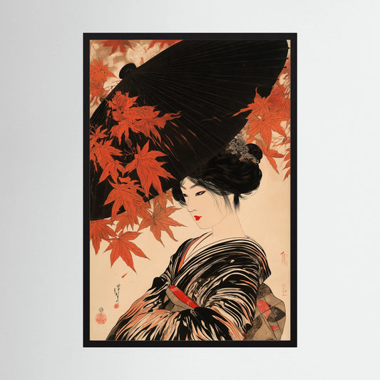 Autumn Elegance – Japanese Woman & Maple Leaves Wall Art