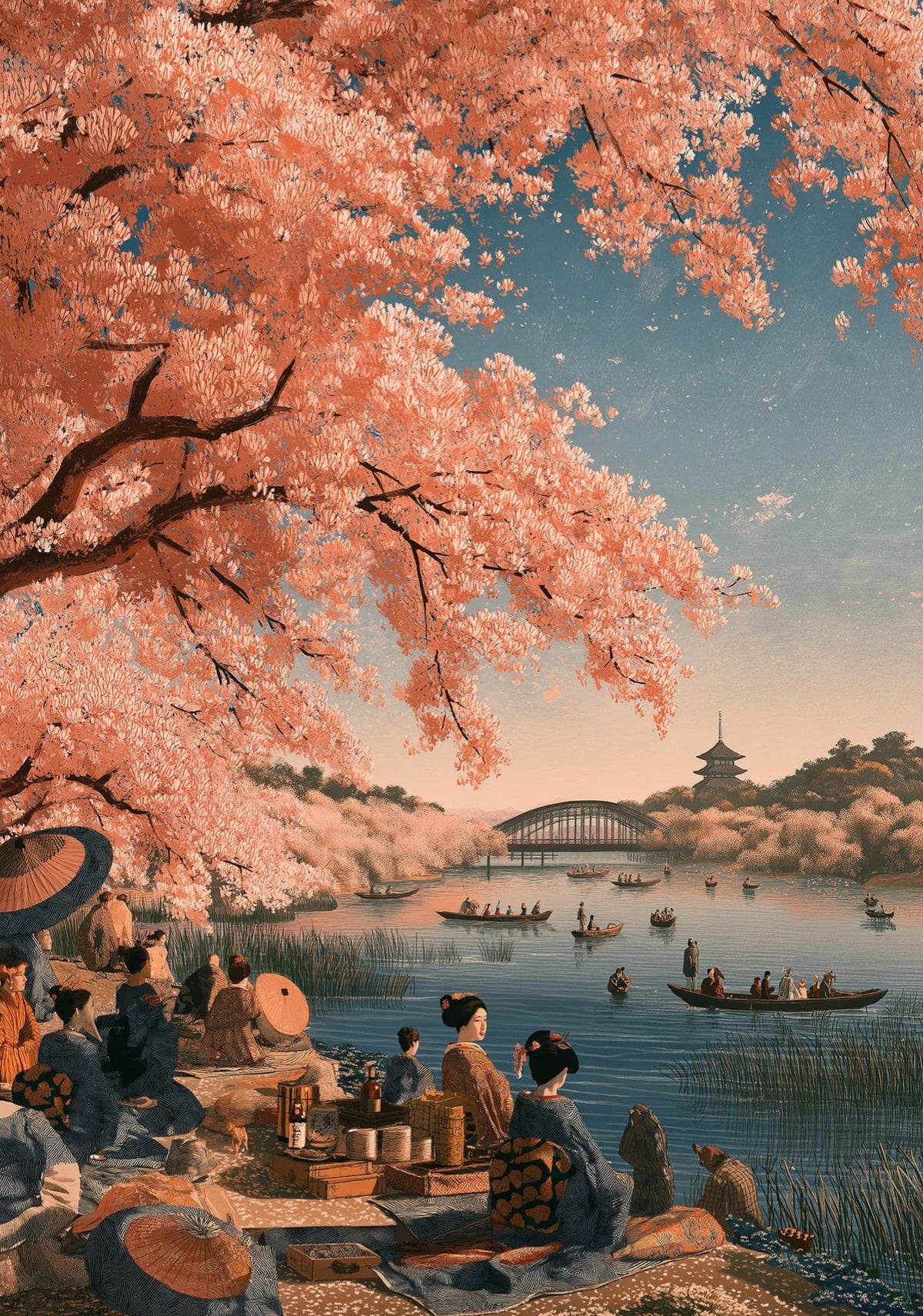 Japanese Cherry Blossom Wall Art – Sakura Lake Ukiyo-e Style Print