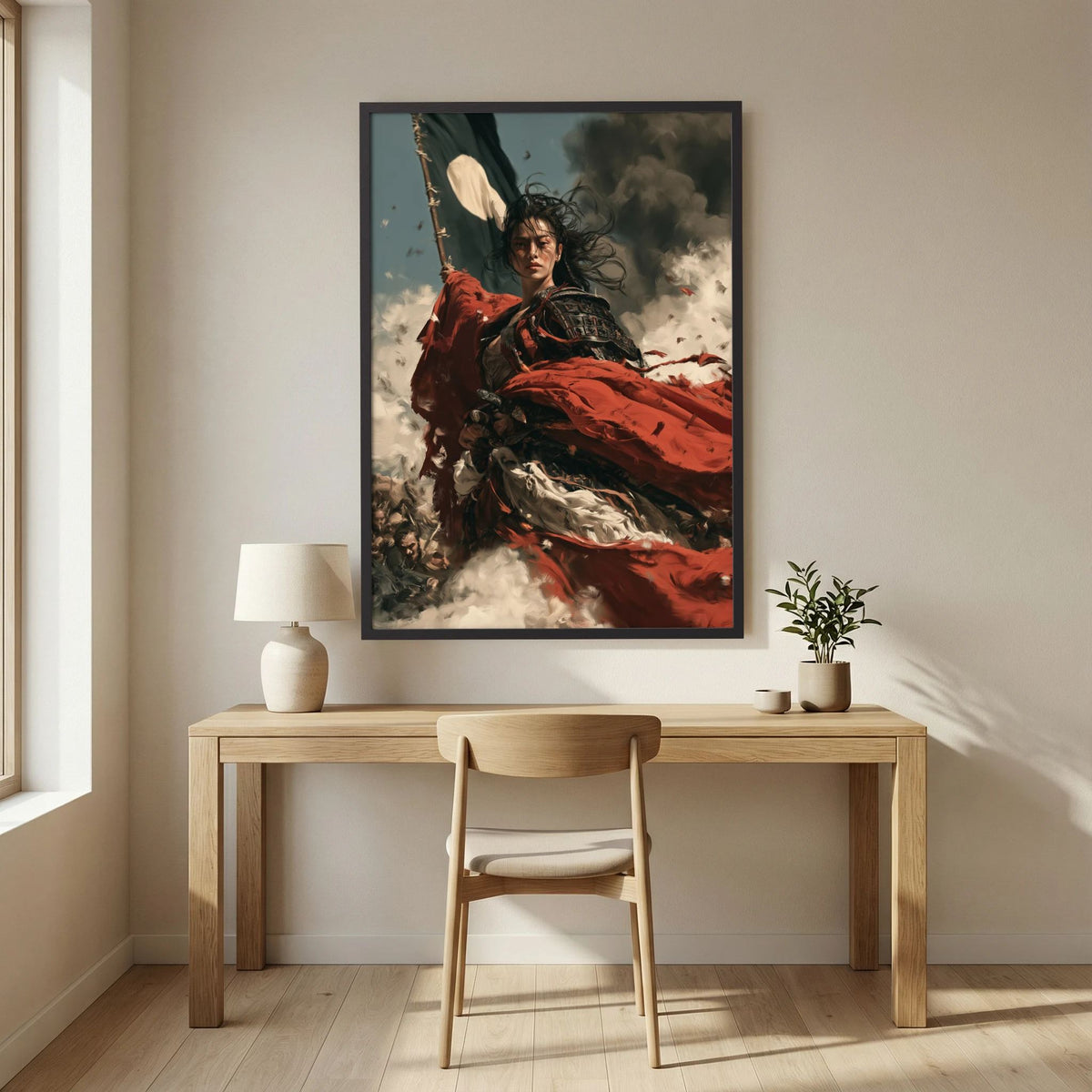 Female Samurai Wall Art – Japanese Warrior Red Cloak Print