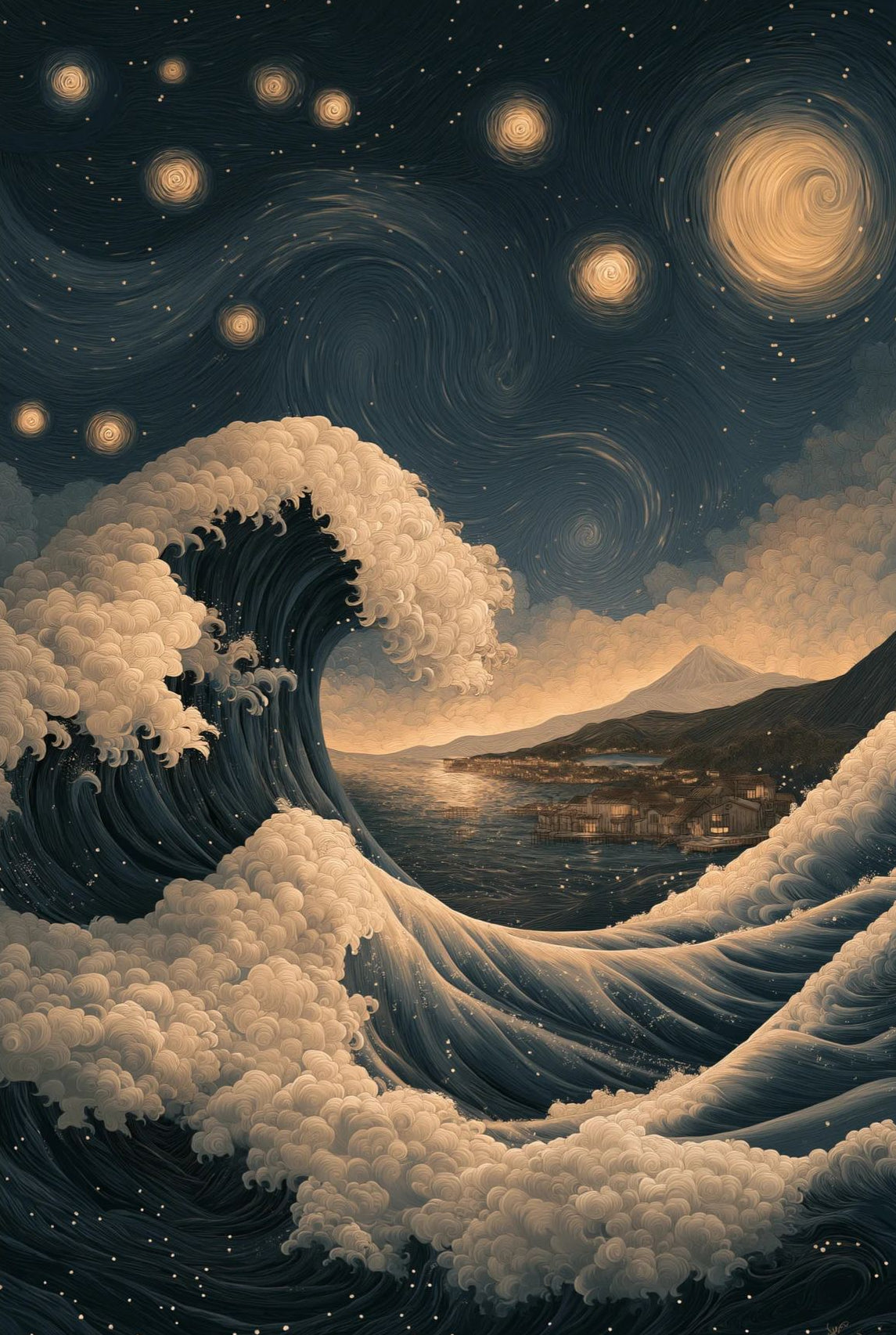 Starry Wave of Fuji – Japanese Great Wave & Starry Night Wall Art