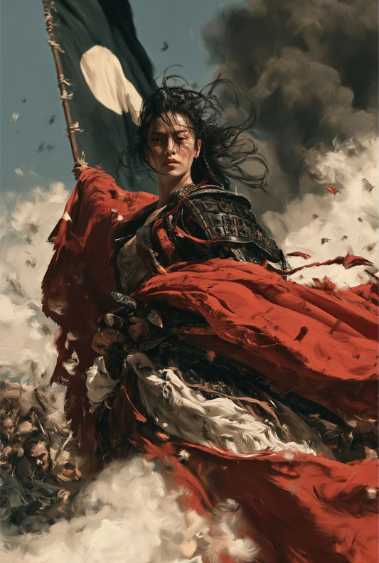 Female Samurai Wall Art – Japanese Warrior Red Cloak Print