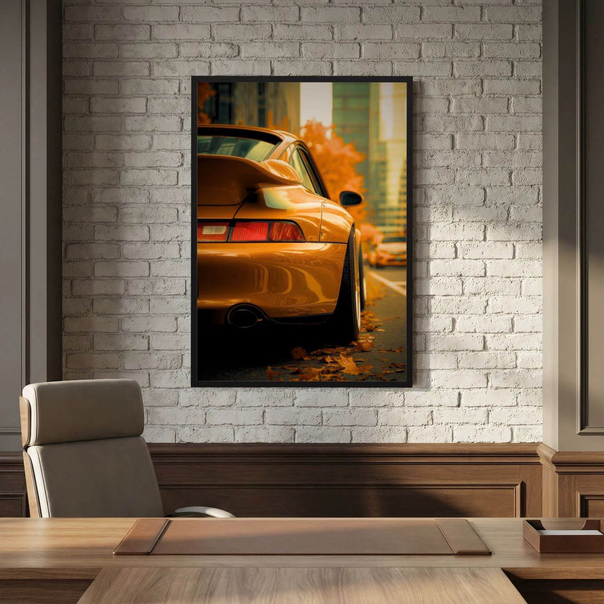 Orange Porsche in Autumn City – Luxury Car Wall Art