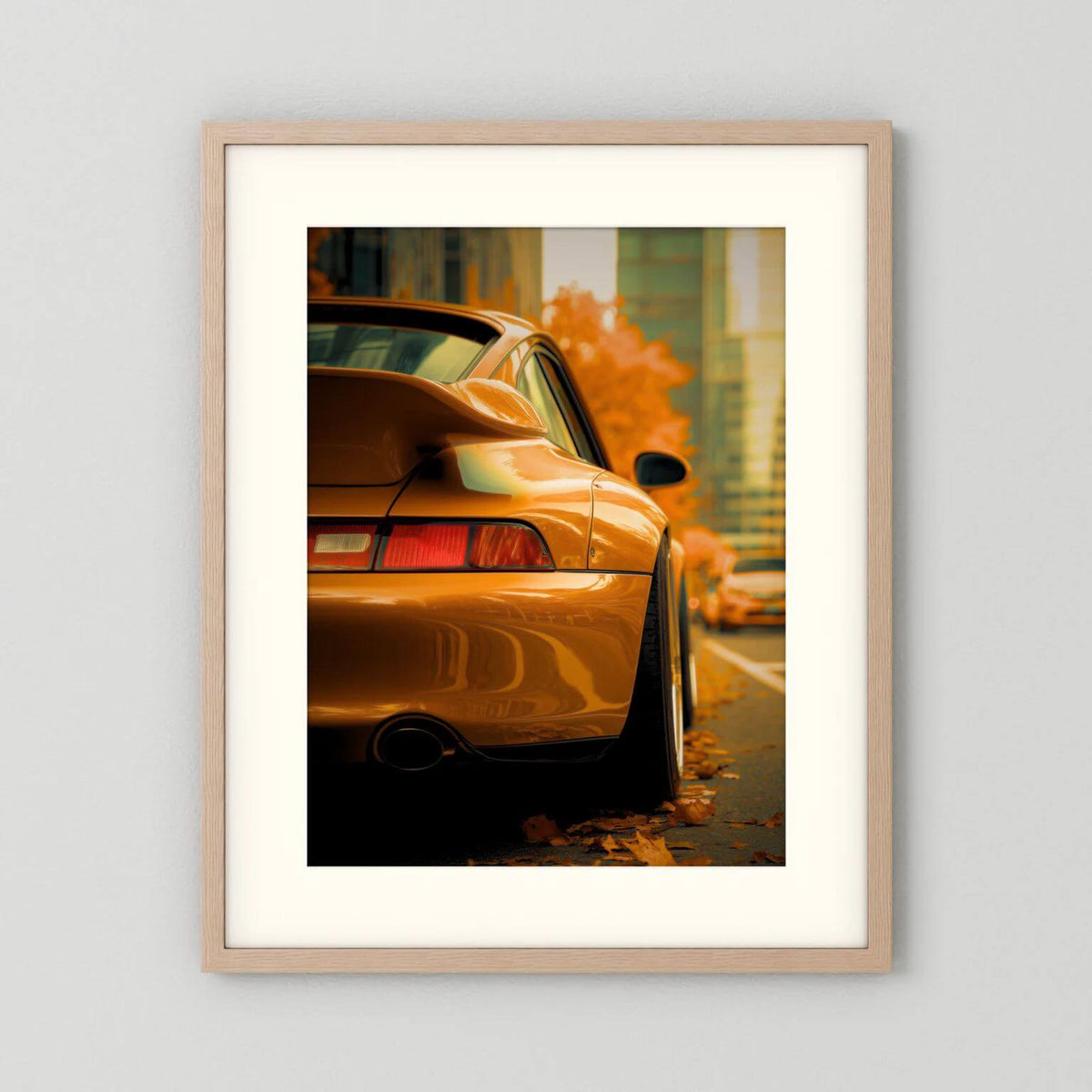 Orange Porsche in Autumn City – Luxury Car Wall Art