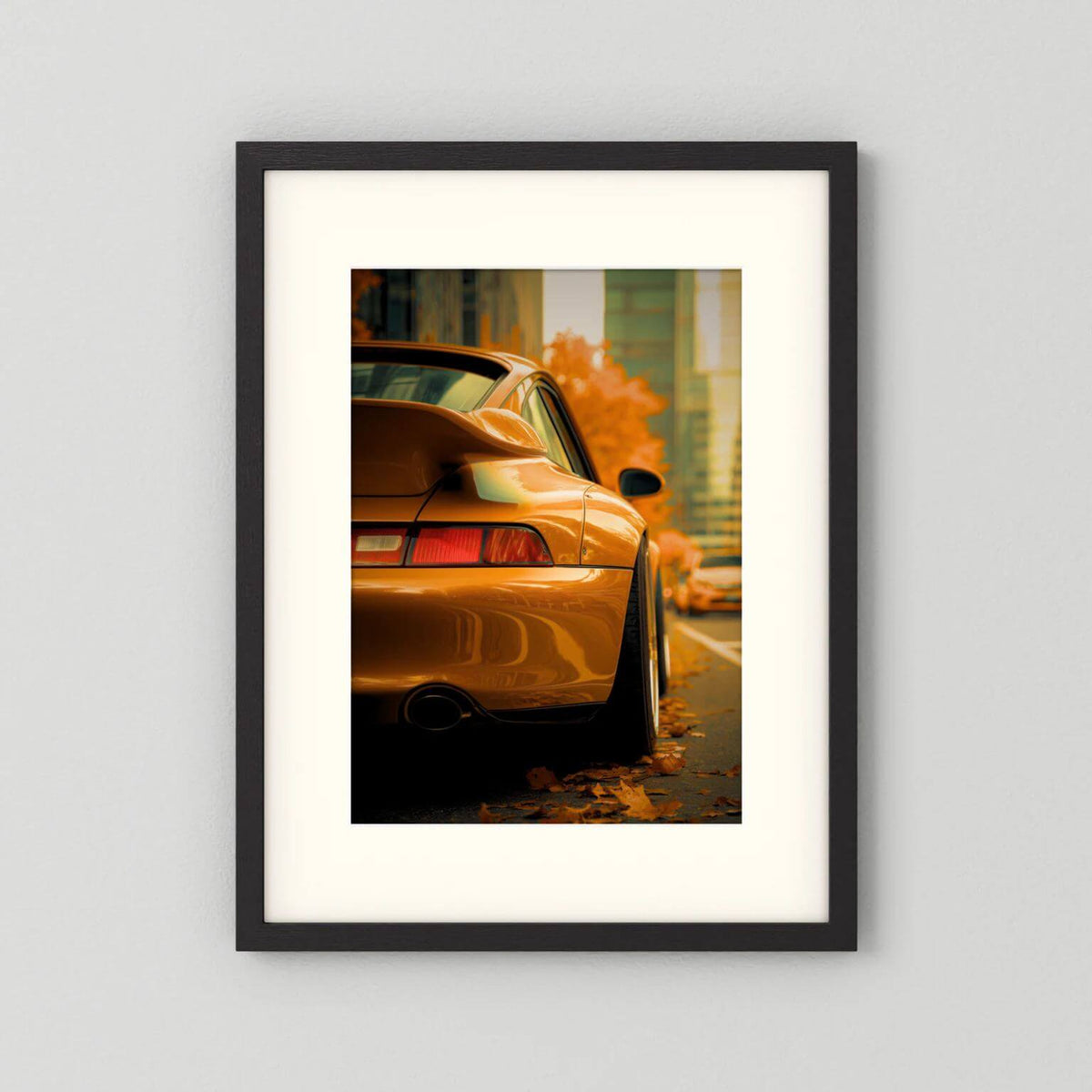 Orange Porsche in Autumn City – Luxury Car Wall Art