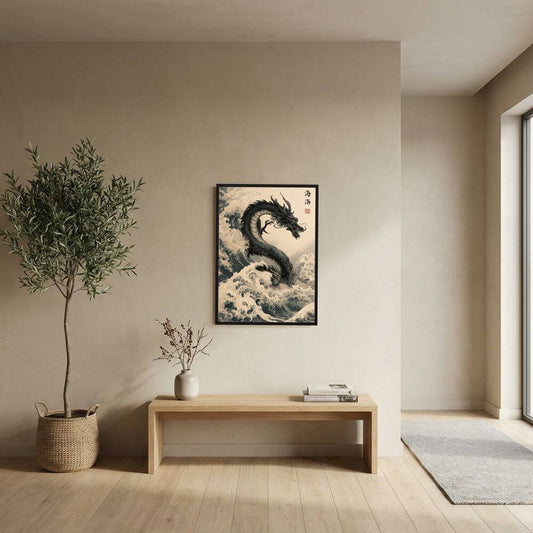 Black Dragon & Ocean Waves Japanese Wall Art Print