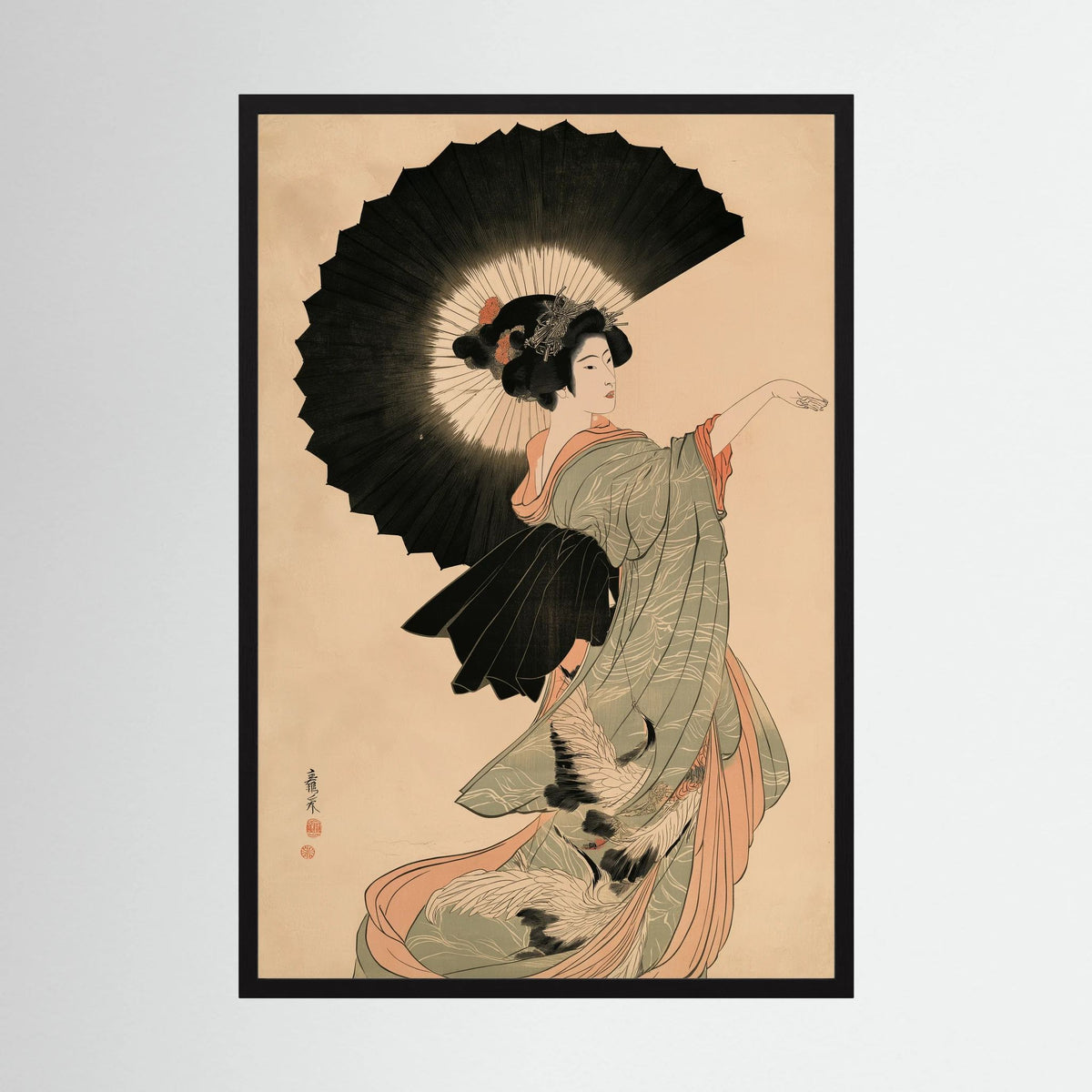 Crane Dance – Japanese Woman with Parasol Ukiyo-e Wall Art