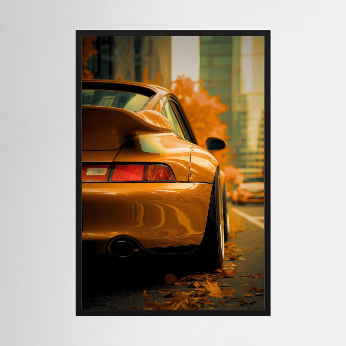 Orange Porsche in Autumn City – Luxury Car Wall Art