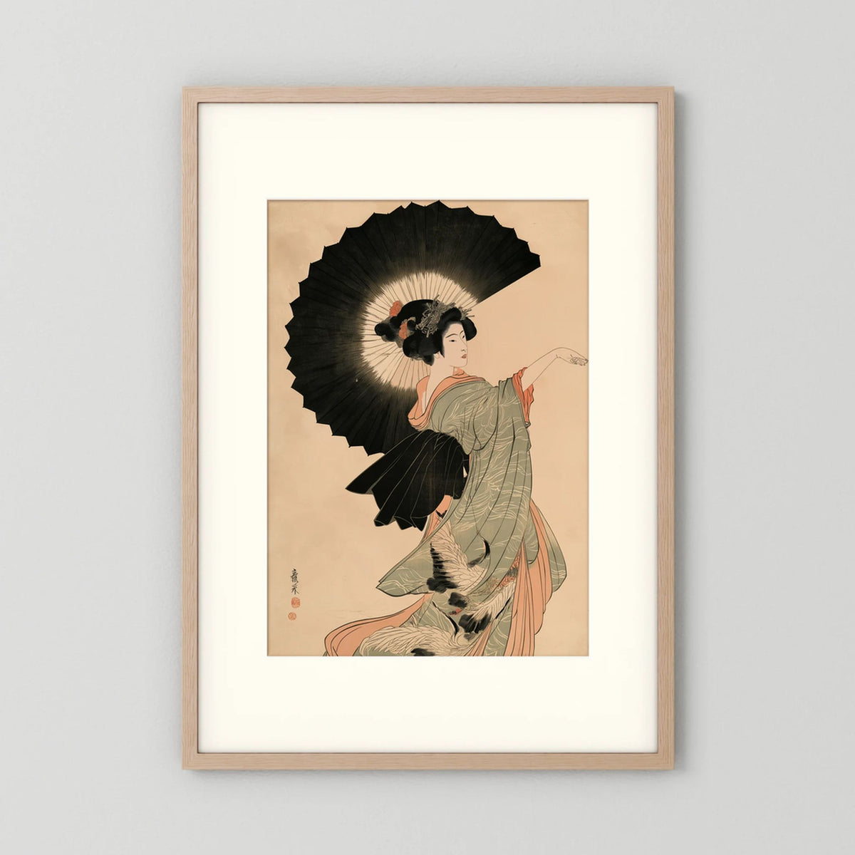 Crane Dance – Japanese Woman with Parasol Ukiyo-e Wall Art