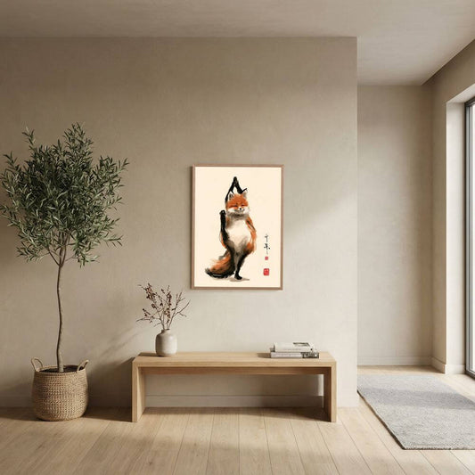 Japanese Ink Wash Fox Art Print | Minimalist Red Fox Wall Art